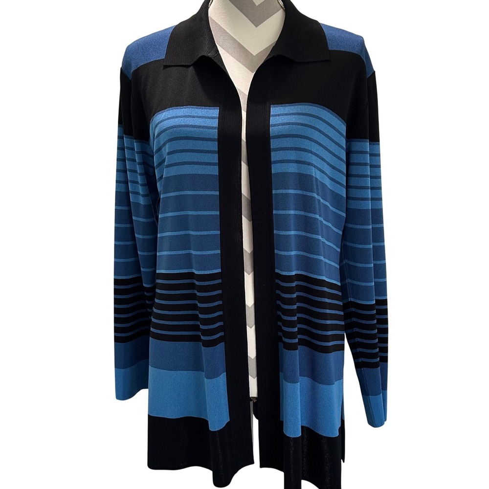 Exclusively Misook Blue Black Stripe Knit‎ Long Sleeve Open Front Cardigan M